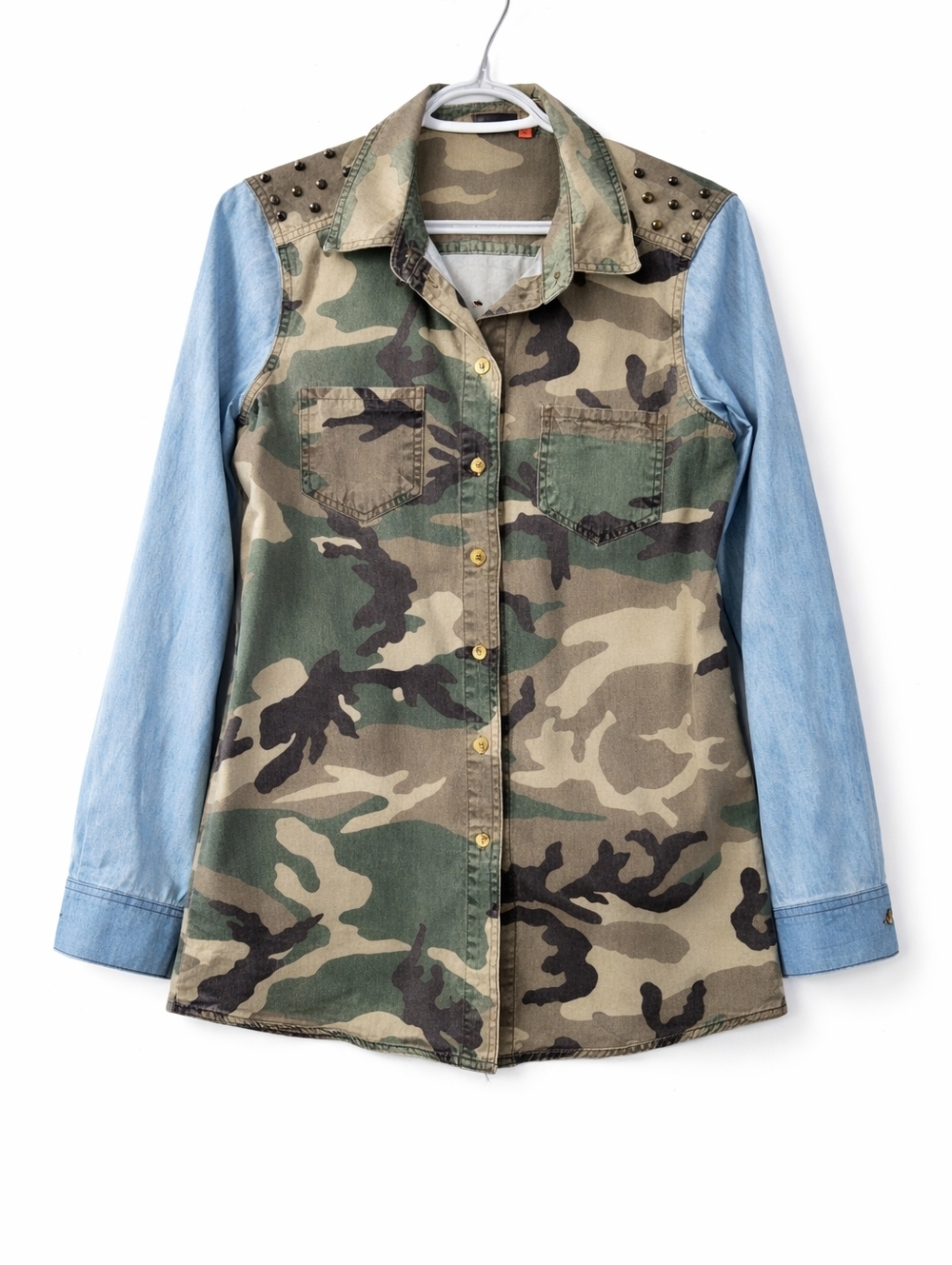 ​ONLY Camo Denim Mixed Media Studded Utility Shirt Jacket Punk Streetwear